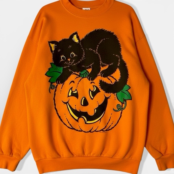 Vintage Sweaters - RARE Vintage 90s Hallmark Black Cat Pumpkin Halloween Sweatshirt USA XL